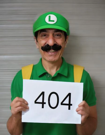 a photo of luigi mario, brother of mario mario, holding a paper sign that says "404"