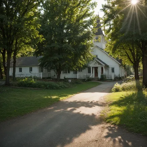 (masterpiece:1.2), (highest quality:1.3), 4k, photograph, wide angle, post-rain street, sunlight diffusing through tree canopy, reflections on moist asphalt, charming Swedish hamlet, white church backdrop, (crisp dawn light:1.4), (refreshing:1.2), early morning, cool tones, in the style of Dorothea Lange.