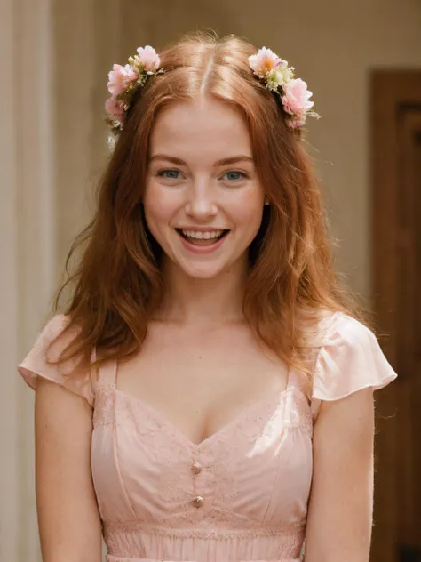 a photo of a ginger haired woman, (excited:1.1), happy, wearing a cute pink dress, flower in her hair, indoors, (closeup:0.9), intricate details