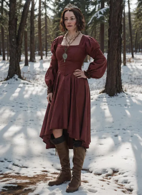 (RAW photo, photorealistic:1.2), (full body shot) of a woman wearing a renaissance tudor style red costume dress, short brown hair, necklace, tiara, looking away, hands on hips, outdoors, trees in background, snow, winter, fantasy clothes, ultra realistic, film still, cinematic lighting