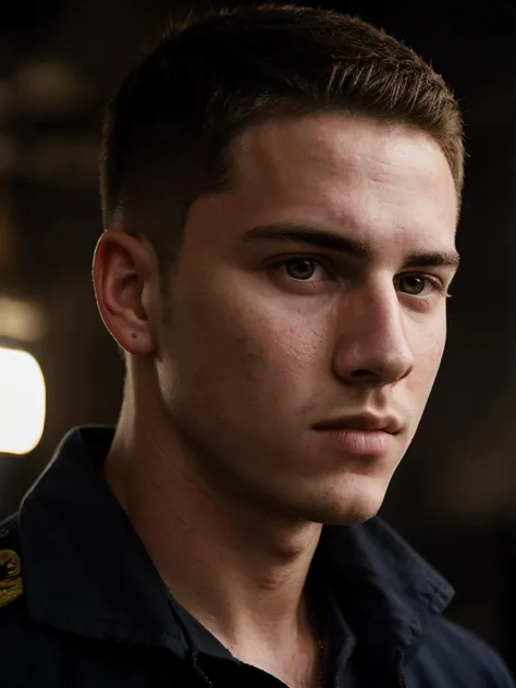 a realistic photograph of an attractive 20 yo man, closeup shot, military style buzz cut, clean shaven, stern expression, RAW photo, hyper realistic, highly detailed, dramatic lighting, masterpiece