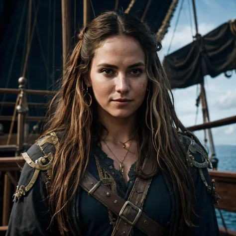 a photo of a woman wearing a (fantasy:1.2) pirate outfit on a (pirate:0.8) ship, (upper body and face:1.2), cinematic lighting, ultra quality, highly detailed, realistic skin texture,  photorealistic