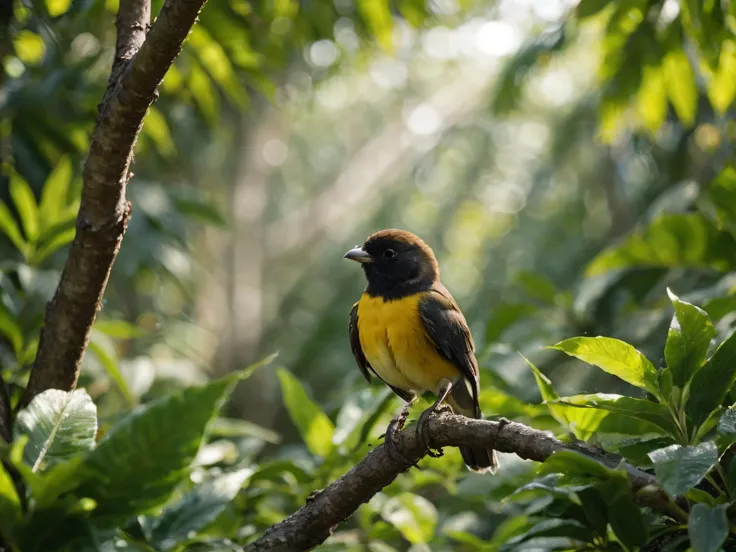 a colorful bird sitting on a branch of a tree in a dense jungle, sunlight shining through the canopy, dew on the leaves, RAW, fujifilm, photorealistic, masterpiece