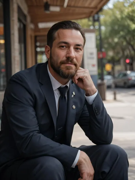 (RAW photo:1.2), a man wearing a business suit sitting outside, beard, tired, candid shot, best quality, 8k, uhd, photorealistic