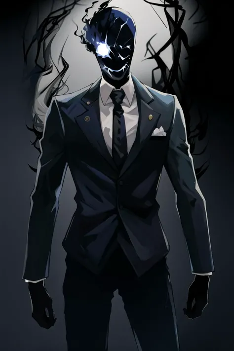 <lora:Black Suit:1>,1boy, solo, kurofuku, necktie, male focus, black suit, black pants, cowboy shot, black gloves