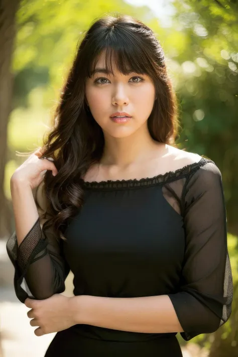 masterpiece,beautiful,extremely detailed,(ultra high res),(8k UHD best quality), (realistic, photo-realistic:1.37), depth_of,field, blurry_background, photo_inset,Dramatic lighting,reference_inset,photo_background,brown_eyes,photorealistic,looking_at_viewer,1girl,shiny skin,detailed skin,((((black eyes))),(((blouse))),mami<lora:mami nagaoka:1>