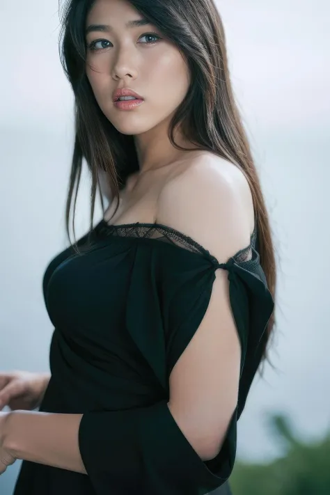 masterpiece,beautiful,extremely detailed,(ultra high res),(8k UHD best quality), (realistic, photo-realistic:1.37), depth_of,field, blurry_background, photo_inset,Dramatic lighting,reference_inset,photo_background,brown_eyes,photorealistic,looking_at_viewer,1girl,shiny skin,detailed skin,((((black eyes))),(((blouse))),mami<lora:mami nagaoka:1>