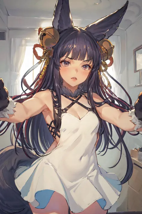 masterpiece, (detailed, highres, best quality), 1girl, <lora:HeadGrabPOV:1> IncrsHeadGrabPOV,  <lora:spgbfYuel:0.8> yuelwt, hair bell, fox tail, ribbon, black gloves, hair ribbon, white dress, fur trim, backless outfit