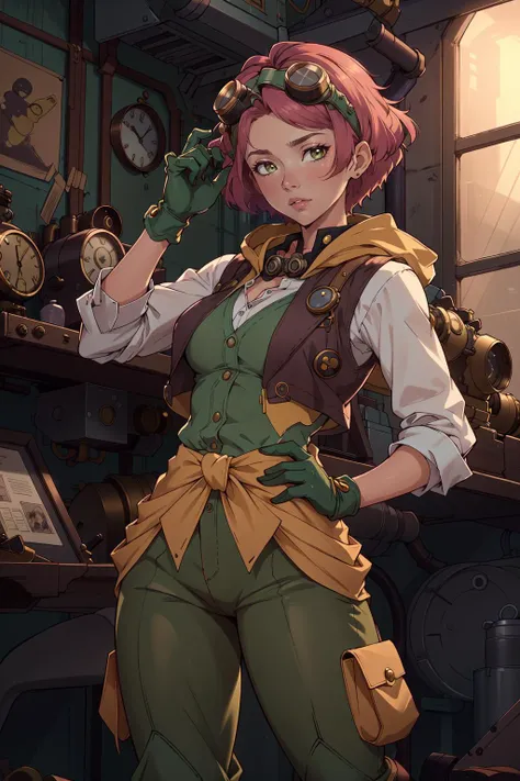 (masterpiece, best quality, absurdres, 4k, aesthetic, detailed, intricate),1girl,yukina kabaneri,steampunk, goggles on head, sash, hair ornament, open_vest, longsleeve white bodysuit, green gloves, yellow hood, pants tucked in <lora:Yukina_v01:0.8>