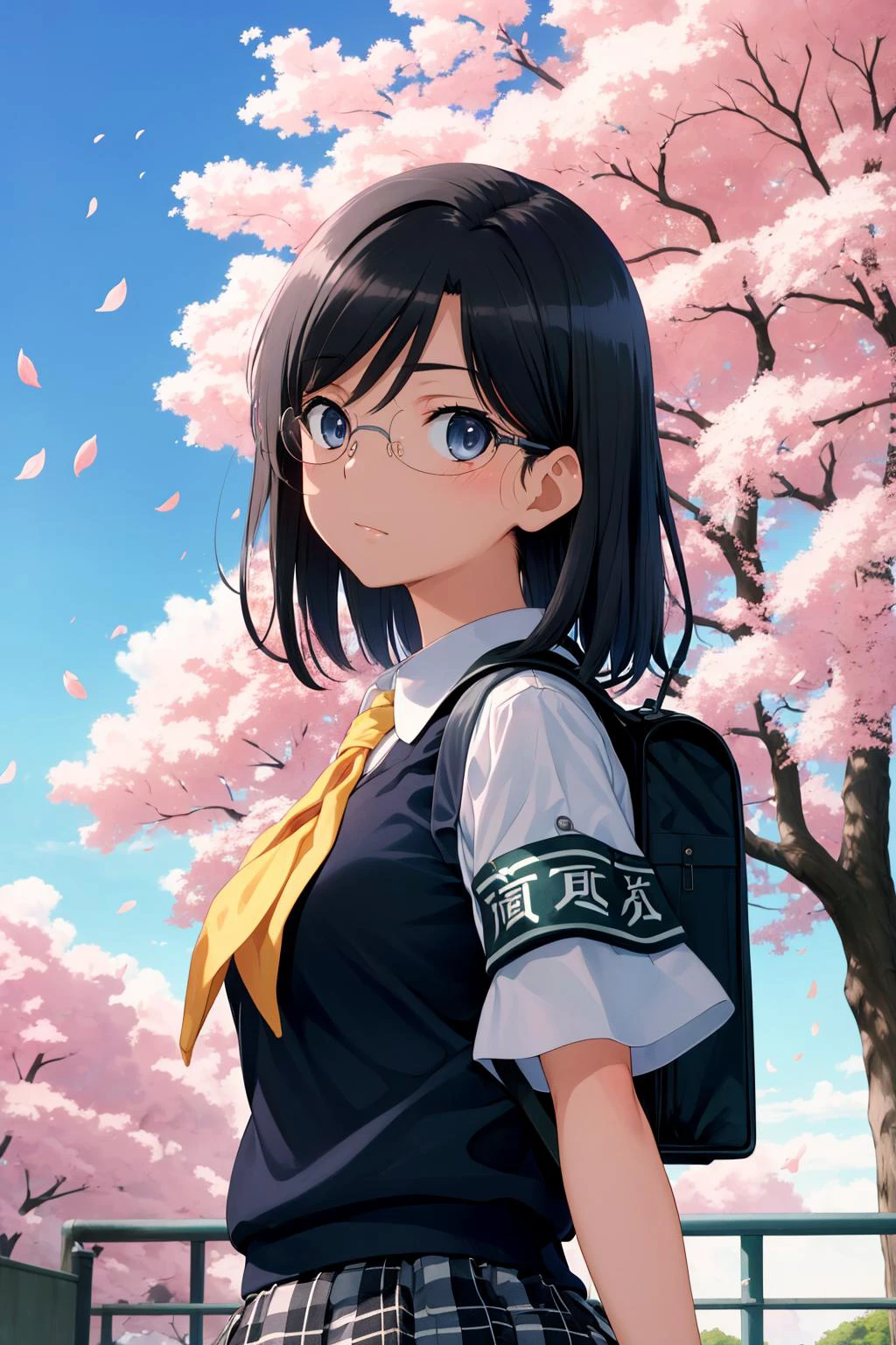 (masterpiece), best quality, (((ultra detailed, 8k quality))), expressive eyes, perfect face, perfect anatomy, perfect body, scene, <lora:scene_:0.7>, <lora:beautiful_detailed_eyes:0.5>, <lora:GoodHands-beta2:0.7>, <lora:give_it_a_name:0.4>,
aamii, short hair, black hair, blue eyes, glasses, school uniform, yellow neckerchief, collared shirt, sweater vest, (blue vest:1.2), short sleeves, armband, plaid skirt, grey skirt, <lora:konori_mii_v1:0.9>, autumn, autumn leaves, backpack, bag, bare tree, blue sky, branch, cherry blossoms, cloud, evening, falling leaves, falling petals, fence, f, gradient sky, hanami, leaf, long sleeves, orange sky, outdoors, petals, petals on liquid, pink flower, scenery, school bag, , sky, solo, spring \(season\), standing, sunset, tree, twilight, wind, wisteria, Mont Fuji in background