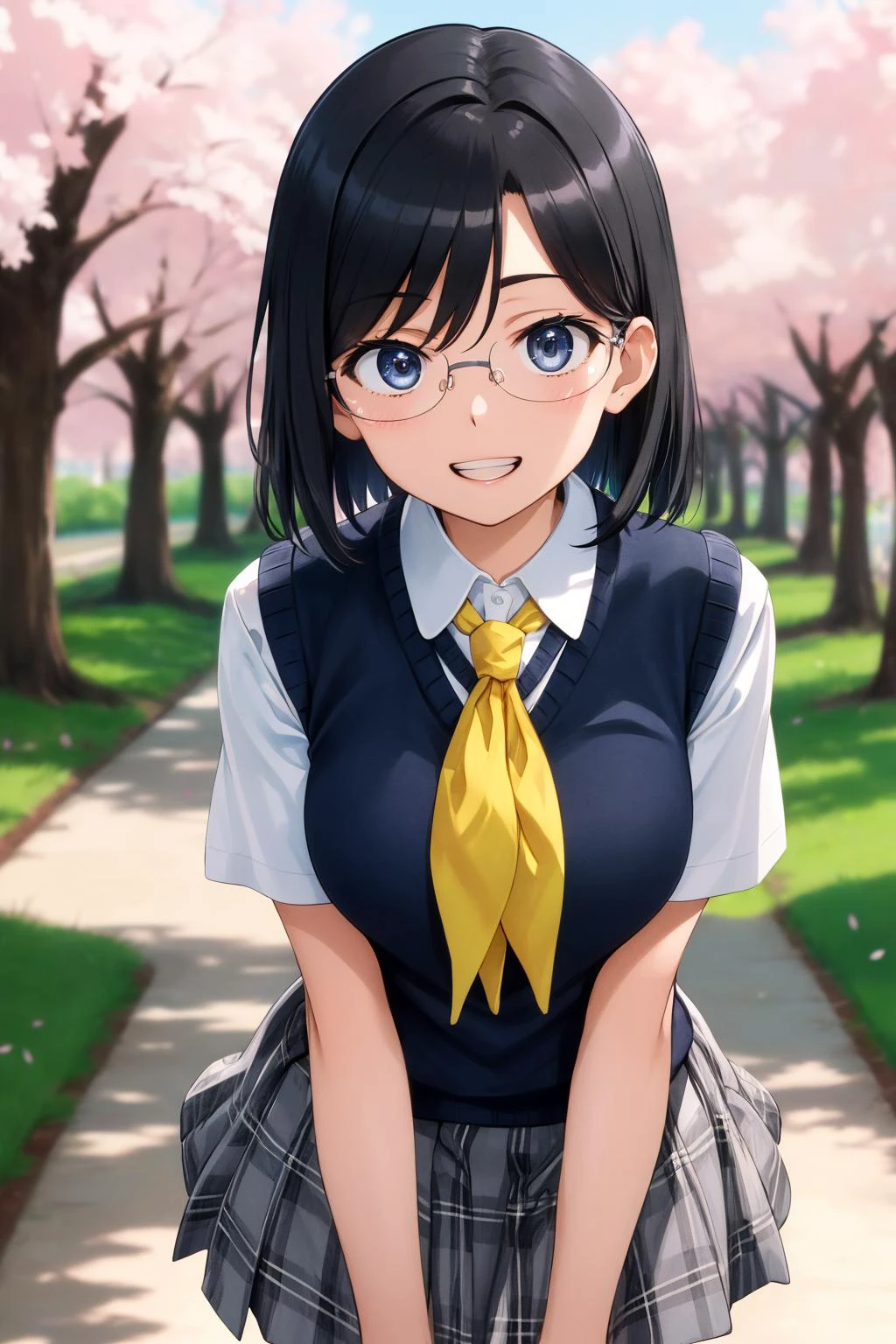(masterpiece), best quality, (((ultra detailed, 8k quality))), expressive eyes, perfect face, perfect anatomy, perfect body, scene, <lora:scene_:0.7>, <lora:beautiful_detailed_eyes:0.5>, <lora:GoodHands-beta2:0.7>, <lora:give_it_a_name:0.4>,
aamii, short hair, black hair, blue eyes, glasses, school uniform, yellow neckerchief, collared shirt, sweater vest, (blue vest:1.2), short sleeves, armband, plaid skirt, grey skirt, <lora:konori_mii_v1:0.7>, standing, cowboy shot, arms behind back, leaning forward, smile, open mouth, outdoors, cherry blossoms, squat, face focus,, grin