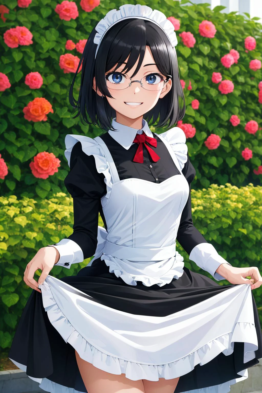 (masterpiece), best quality, (((ultra detailed, 8k quality))), expressive eyes, perfect face, perfect anatomy, perfect body, scene, <lora:scene_:0.7>, <lora:beautiful_detailed_eyes:0.5>, <lora:GoodHands-beta2:0.7>, <lora:give_it_a_name:0.4>,
aamii, short hair, black hair, blue eyes, glasses, smile, maid, maid headdress, black dress, garden, standing, skirt hold, grin,, <lora:konori_mii_v1:0.7>,