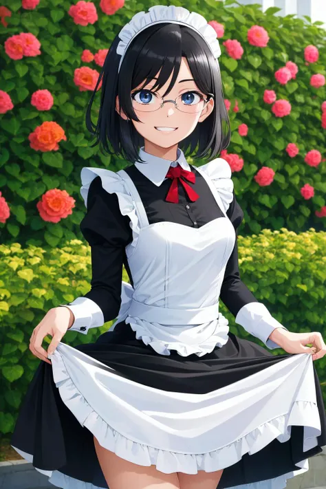 (masterpiece), best quality, (((ultra detailed, 8k quality))), expressive eyes, perfect face, perfect anatomy, perfect body, scene, <lora:scene_:0.7>, <lora:beautiful_detailed_eyes:0.5>, <lora:GoodHands-beta2:0.7>, <lora:give_it_a_name:0.4>,
aamii, short hair, black hair, blue eyes, glasses, smile, maid, maid headdress, black dress, garden, standing, skirt hold, grin,, <lora:konori_mii_v1:0.7>,