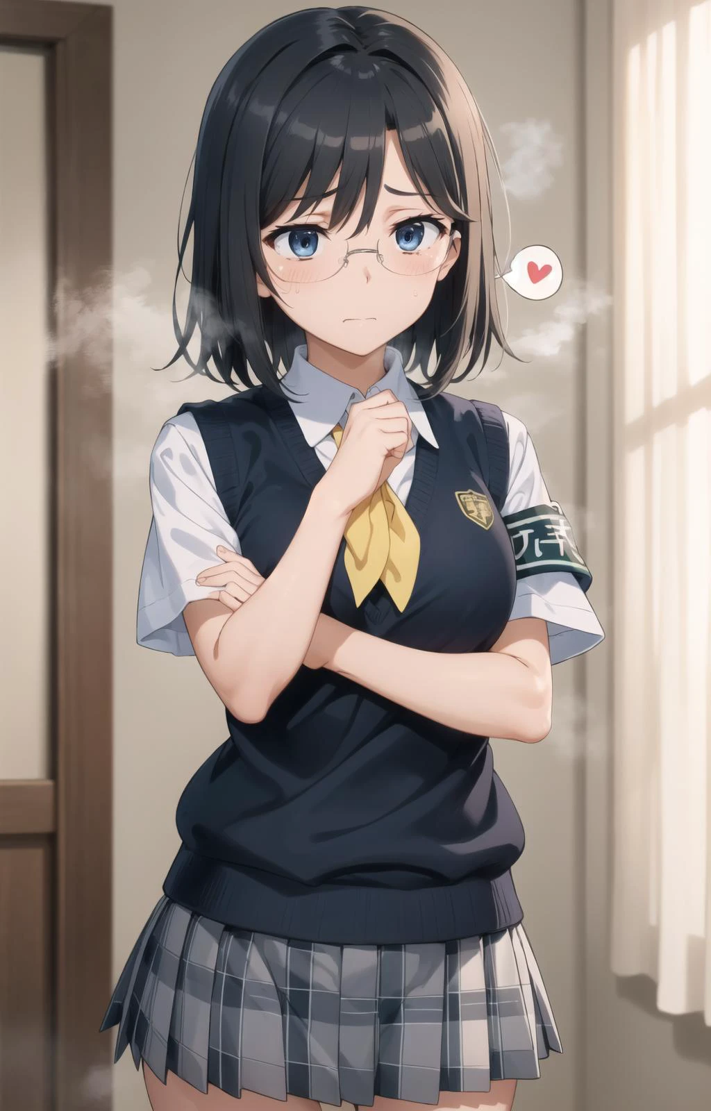 masterpiece, best quality, highres, BREAK,
(deep breathe:1.2),, (steam:1.2) ,, (spoken hearts:1.2),,
, (regretful face:1.2), <lora:konori_mii_v1:0.7>, aamii, short hair, black hair, blue eyes, glasses,
school uniform, yellow neckerchief, collared shirt, sweater vest, (blue vest:1.2), short sleeves, armband,
plaid skirt, grey skirt,