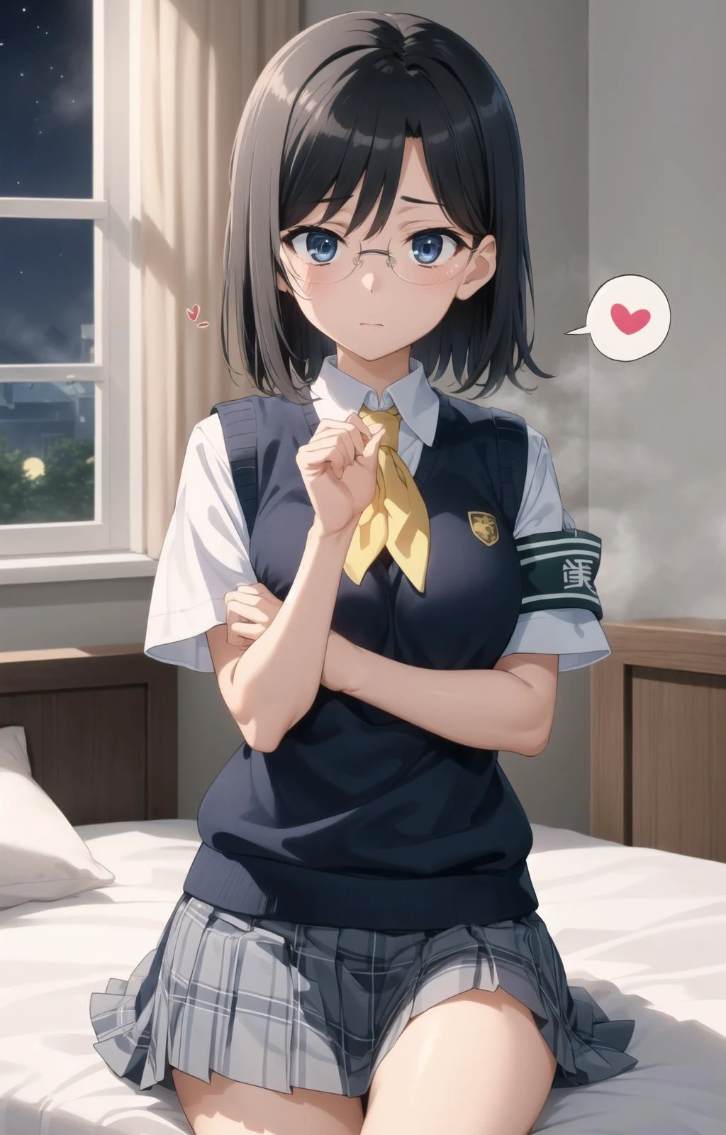 masterpiece, best quality, highres, BREAK,
bedroom, (spoken hearts:1.2),, (on bed:1), (steam:1.2) ,, (moonlit room:1.1),, (on bed:1),
, <lora:konori_mii_v1:0.7>, aamii, short hair, black hair, blue eyes, glasses,
school uniform, yellow neckerchief, collared shirt, sweater vest, (blue vest:1.2), short sleeves, armband,
plaid skirt, grey skirt,
