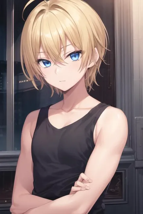 masterpiece, best quality, ultra-detailed, illustration, 1boy, solo, male focus, looking at viewer, upper body, depth of field, <lora:keith_claes:0.78>, keith_claes, blue eyes, blonde hair, tank top