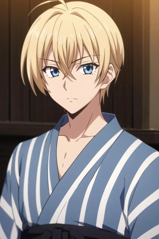 masterpiece, best quality, high quality, 1boy, solo, male focus, looking at viewer, upper body, <lora:yuuto_kiba:0.66>, yuuto_kiba, blonde hair, blue eyes, hair between eyes, , yukata