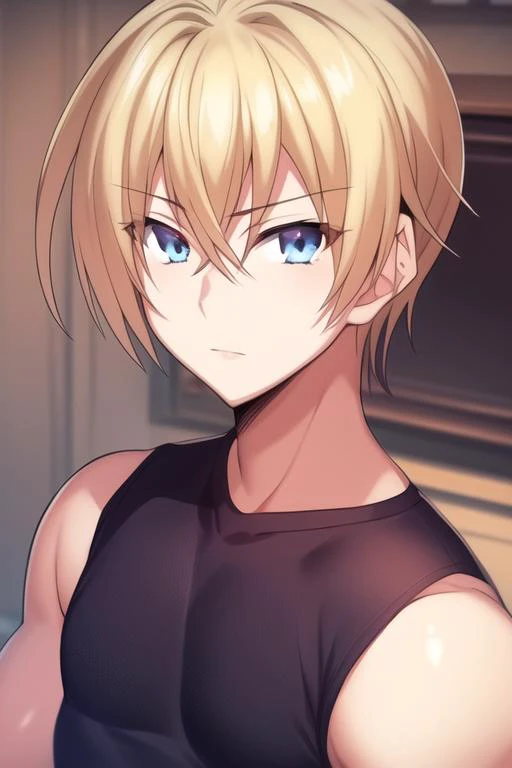 masterpiece, best quality, high quality, 1boy, solo, male focus, looking at viewer, upper body, <lora:yuuto_kiba:0.84>, yuuto_kiba, blonde hair, blue eyes, hair between eyes, , tank top