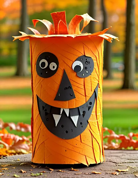 Macro Photography Jack OâLantern, (made of toilete paper roll:1.15), (tprc style:1.15),in a park, masterpice, 8k,,, Macro Photography, often for close-up views, small subjects, or detailed examination.