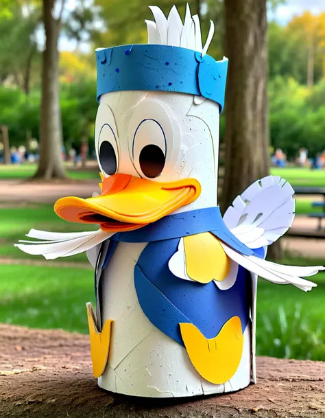 Macro Photography donald duck made of toilete paper roll, tprc style, at a park, clorfull, masterpice, 8k,,, Macro Photography, often for close-up views, small subjects, or detailed examination.