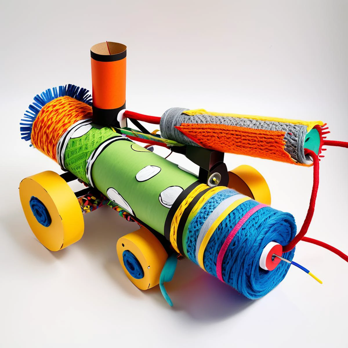tprc, toilete paper roll Lush Rube Goldberg Device, Extension Cords,Cams,Hand-Painted Artwork,Remote Controls,Override Controls,Linear Actuator Legs, Patchwork, Knitted, , <lora:Toilet_Paper_Roll_Craft_SDXL:0.8>