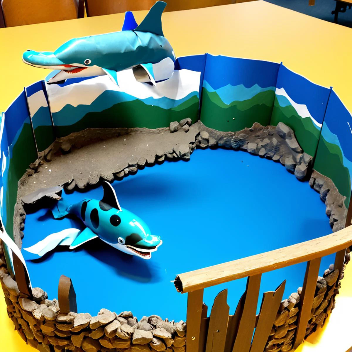 tprc, toilete paper roll Crater Lake Museum,Railing,Dolphin, <lora:Toilet_Paper_Roll_Craft_SDXL:0.8>