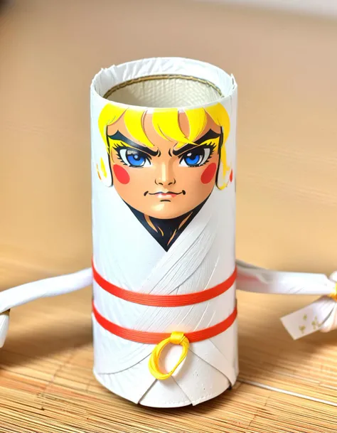 Macro Photography blanca from street fighter, toilete paper roll, tprc style, at a japanese dojo, clorfull, masterpice, 8k,,, Macro Photography, often for close-up views, small subjects, or detailed examination.