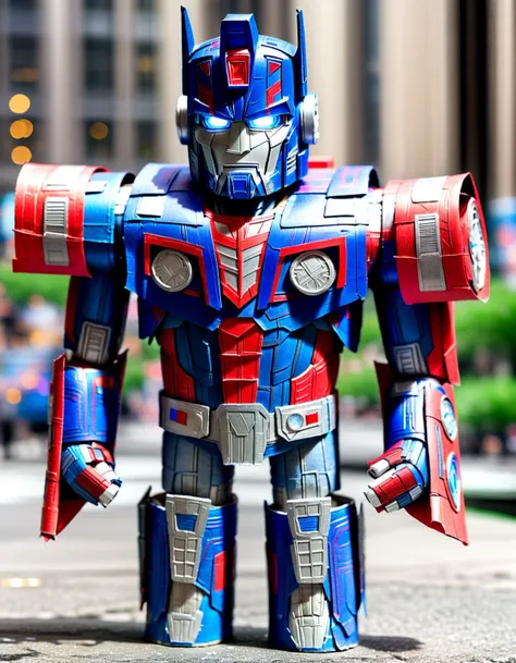 Macro Photography optimus prime from transformers made of toilete paper roll, tprc style, outside in new york, clorfull, masterpice, 8k,,, Macro Photography, often for close-up views, small subjects, or detailed examination.