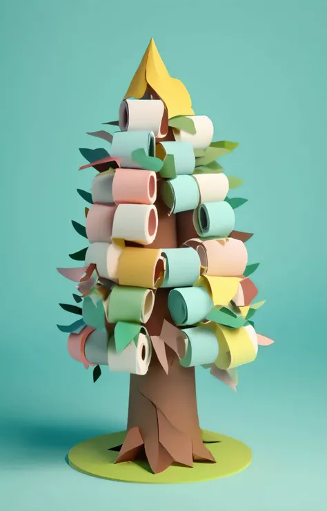 3d isometric, blender render, soft colorful-hued colors, papercraft, a cute tree made of toilet paper roll, tprc style, <lora:Toilet_Paper_Roll_Craft_SDXL:0.6>, highly detailed, wind, river, scissors Two tone lighting, abstract geometric gradients, geometric shapes, simple background