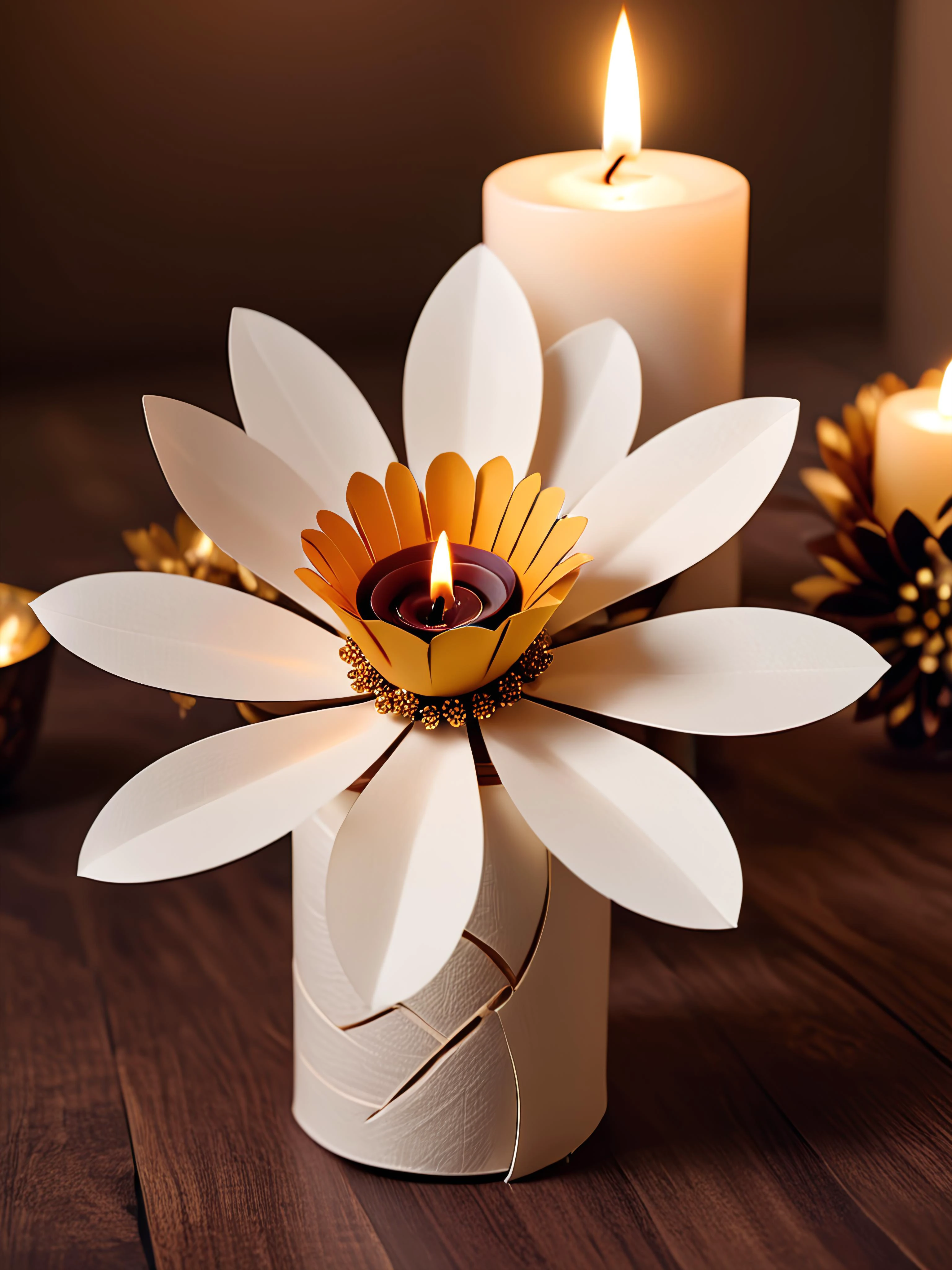 cinematic photo toilet paper roll flower, on a table with toilet paper roll candle holders<lora:Toilet_Paper_Roll_Craft_SDXL:0.8> . 35mm photograph, film, bokeh, professional, 4k, highly detailed