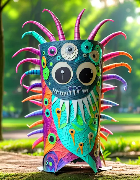 Macro Photography alien monster (made of toilete paper roll:1.05), (tprc style:1.15), in a park,  clorfull, masterpice, 8k,,, Macro Photography, often for close-up views, small subjects, or detailed examination.