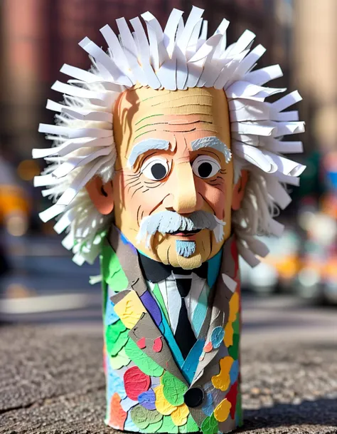 Macro Photography albert einstein made of toilete paper roll, tprc style, outside in new york, clorfull, masterpice, 8k,,, Macro Photography, often for close-up views, small subjects, or detailed examination.