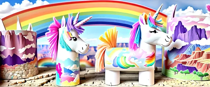 a unicorn toilete paper roll, tprc style, grand canyon in the background, candy cotton clouds, rainbow,,