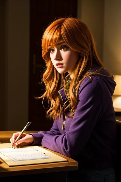 <lora:KatherineMcNamara-RealVision-V1.0:.7> "kma, Katherine McNamara", studying, sheltered