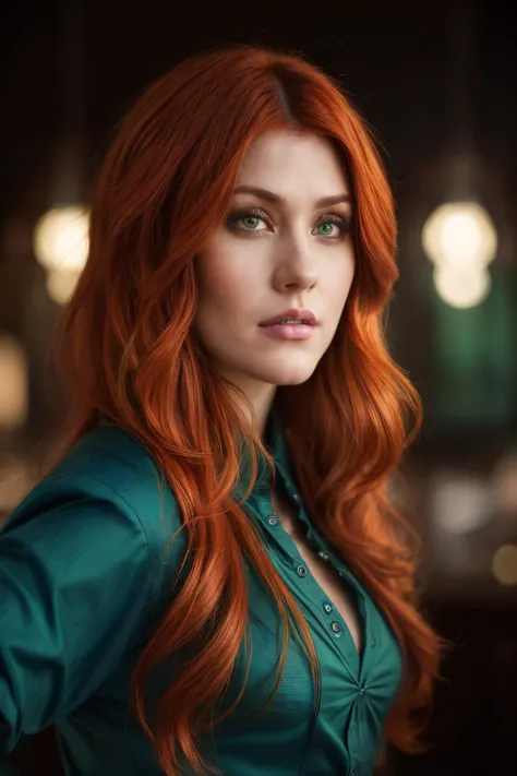 portrait photo of kma,(blue and green shirt), (red hair), alluring portrait, intricate, highly detailed, digital painting, artstation, concept art, naughty, sharp focus, cinematic lighting, illustration, art by artgerm and greg rutkowski, alphonse mucha, cgsociety,<lyco:KatherineMcNamara-RealVision-V1.0:1.0>