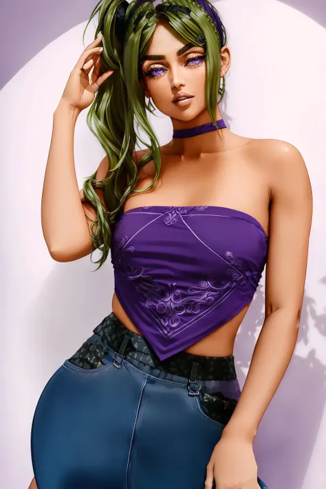 <lora:btbantop:1.2>,btbantop, wearing bandana top,bare shoulders,strapless,fabric bandana, <lora:Ð£Ð±ÐµÐ»Ñ Ð¤ÑиÑен(ubel,long hair,side ponytail,hair between eyes,bangs,big breasts,purple eyes(Ñм одеждÑ):0.7> ubel,long hair,side ponytail,hair between eyes,bangs,big breasts,purple eyes, 1girl in full growth, best quality, masterpiece, ultra-detailed, high quality,good quality