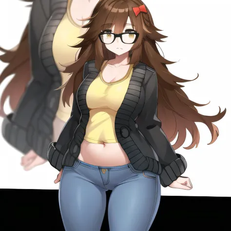 masterpiece,best quality, masterpiece, high detail,detailed face,detailed eyes,rendered eyes,perfect eyes,hip lines,ambient occlusion,crisp image,detailed,amazing,8k,8k wallpaper,8k background,high detailed skin,high res,
(((cowboy shot))), ((solo)), ((1girl)),JinaCari, <lora:JinakoCarigiri-10:0.8>, ((full body)), bow, perfect face, glasses, brown hair, long hair, better eyes, ((white background)), (wide hips), (ass visible through thighs), black cardigan, cardigan, yellow tank top, jeans, belly,