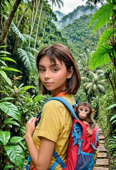 <lora:Dora:0.85>, realistic photo of Dora The Explorer, woman, wearing a backpack, with a pet monkey, in the jungle, on an adventure, (masterpiece:1.0), (best quality:1.0), ultra detailed, medium shot