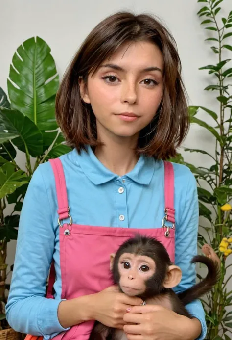 <lora:Dora:0.85>, realistic photo of Dora The Explorer, woman, with a pet monkey, (masterpiece:1.0), (best quality:1.0), ultra detailed, medium shot
