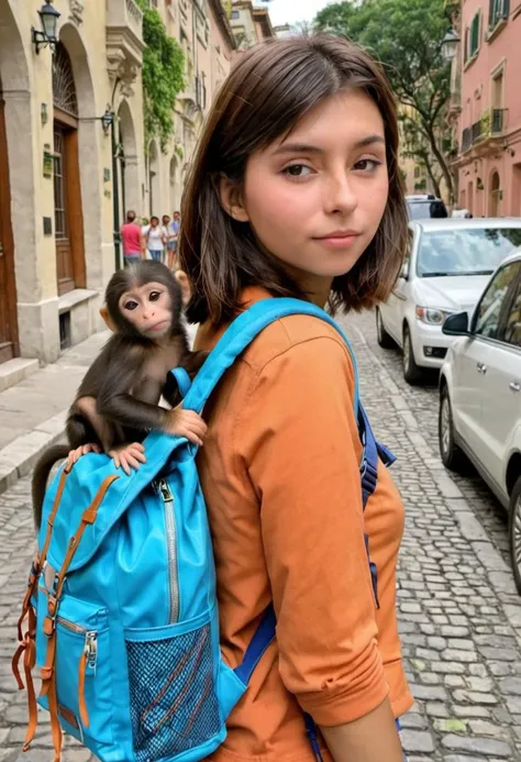 <lora:Dora:0.85>, realistic photo of Dora The Explorer, woman, wearing a backpack, with a pet monkey, (masterpiece:1.0), (best quality:1.0), ultra detailed, medium shot