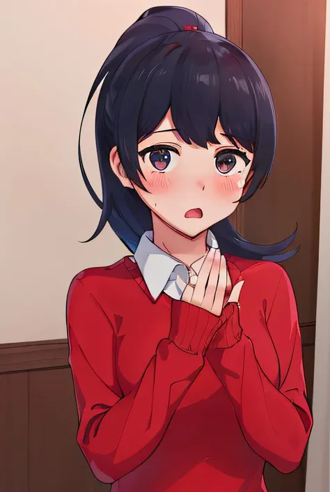 (8k uhd, masterpiece, best quality, high quality, absurdres, ultra-detailed), aoi, standing, red sweater, black hair, looking at viewer, standing, <lora:Aoi_Shibuya-08:0.7>, [open mouth, vavy mouth], blush, embarrased, upper body, (both hands up), centered picture, (five fingers:1.1, detailed hands:1.2), white shirt, indoor