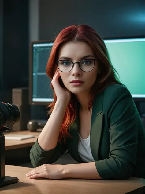 CINEMATIC SHOT, professional photo by Caravaggio, 
beautiful redhead girl with glasses, green eyes, sitiing at a desk, looking on a monitor, rests his chin on one hand, medium close shot, open-plan office, neon light, looks blank, detailed skin, perfect eyes, perfect face, 
   <lora:b_e_a_u_t_i_f_i_e_r_-XL-:1> , indoor,
 (by Christopher Nolan:1.4)(35mm, F/2.8)((dslr, Photo Focus, DOF, Aperture, Cinematic Color grading, insanely detailed and intricate, character, hypermaximalist, elegant, beautiful, exotic, revealing, appealing, attractive, amative, hyper realistic, super detailed, trending on flickr))