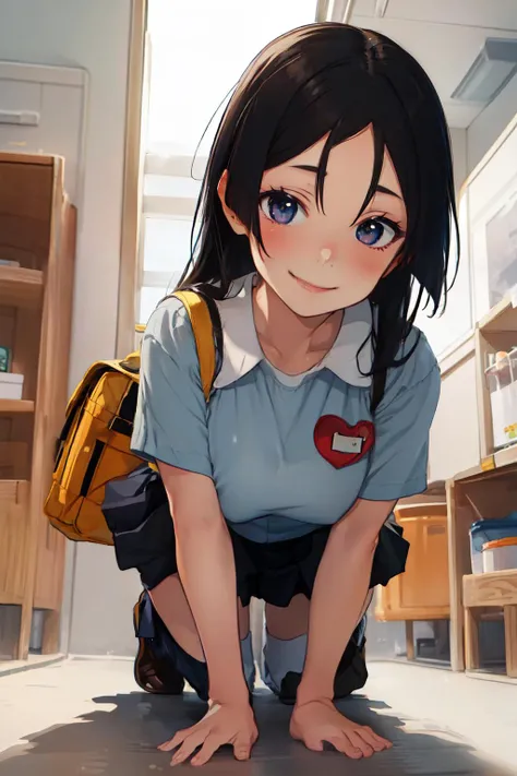 (masterpiece, best quality;1.3), ultra detailed, 1girl, solo, smile, looking at viewer, <lora:Raikou_Hard:1>, raikou, full body, long hair, <lora:LKKw_LionDiv61024Px:0.9>, kindergarten_uniform, huge breast, kneeling, from below,yellow_bag,black_skirt, heart,heart_eyes_full, <lora:heart_eyes:0.2>