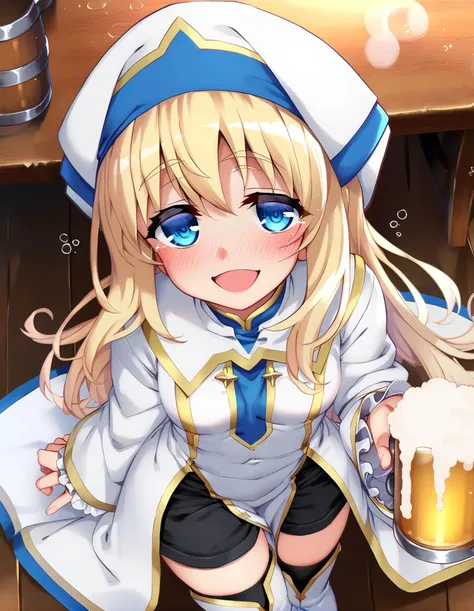 score_9,score_8_up,score_7_up,score_6_up, a girl drunk over a table, tavern, wariza, nose blush, smile, open mouth, from above, beer, 
<lora:namonashi_style_pony6_v3-000038:1.2>namonstyl  <lora:priestess_goblin slayer_PONY_epoch-000020:0.6> priestess-default,(priestess goblin slayer:0.8),blue eyes,long hair, blonde hair,white headwear,white dress,frilled sleeves, blue pelvic curtain,(black shorts:0.9),thighhighs,white boots, priestess-shirt