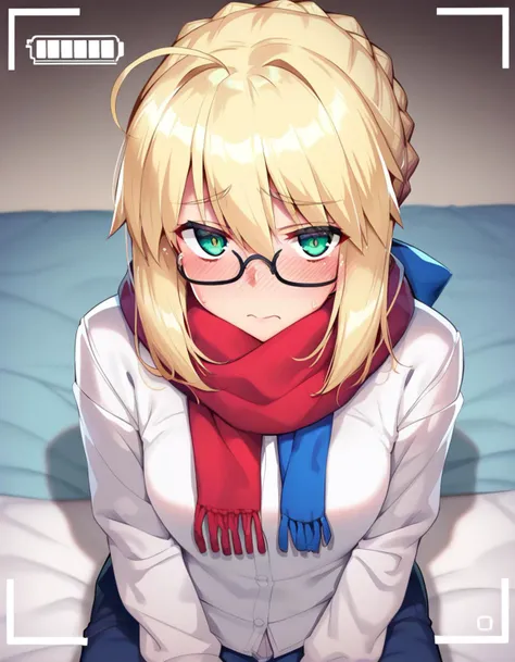 score_9,score_8_up,score_7_up,score_6_up,1girl is sitting on a bed, viewfinder, artoria pendragon from fate, blush, embarrassed, looking at viewer, solo, interview, glasses, scarf, 
<lora:namonashi_style_pony6_v3-000038:1>namonstyl