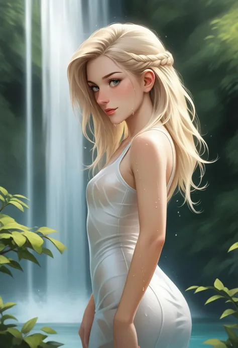 (score_9, score_8_up:1.1), score_7_ up, highly detailed, realistic, photorealistic, zPDXL, (1 girl), slender, petite, solo, side braid, blonde hair, white clothes, wet, waterfall, side view
 , detailed background,   masterpiece, 8k, ultraclear , wide angle, detailed scene, detailed face, perfect quality, tranding on artstation, incredible details  , namonstyl