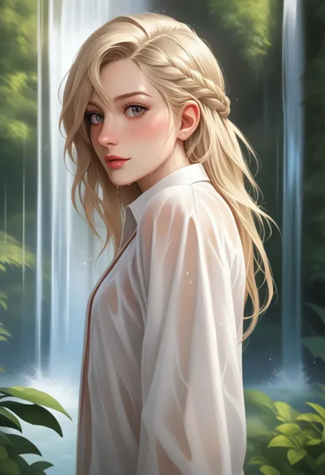 (score_9, score_8_up:1.1), score_7_ up, highly detailed, realistic, photorealistic, zPDXL, (1 girl), slender, petite, solo, side braid, blonde hair, white clothes, wet, waterfall, side view
 , detailed background,   masterpiece, 8k, ultraclear , wide angle, detailed scene, detailed face, perfect quality, tranding on artstation, incredible details  , namonstyl