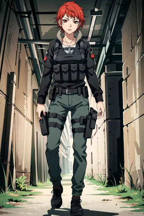 1girl,red hair,solo,standing,izunadesu,military uniform, black jacket, dog tags, pants, <lora:Izuna:0.8>,(in underground tunnel),bulletproof vest,tactical gear