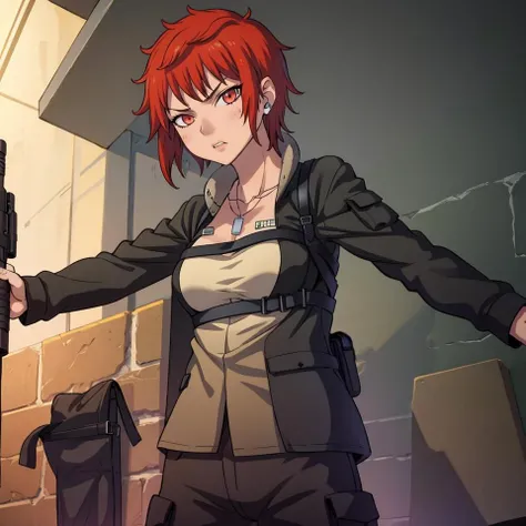 masterpiece, best quality, 1girl, solo, looking at viewer, serious, <lora:Izuna:1>, izunadesu, military uniform, black jacket, dog tags, pants