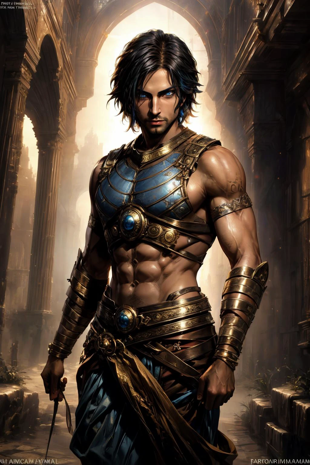 (masterpiece), best quality, 1male, male focus, expressive eyes, perfect face, perfect body, prince of persia, ((a man in a costume)), (blue eyes), abs, tanned skin, palace in desert background, <lora:ThePrinceWW:0.6>, 8k, smooth soft skin, beautiful intricate dark hair, symmetrical, soft lighting, concept art, digital painting, detailed face, wallpaper, HDR, illustration, professional, epic, scene, <lora:scene_:0.8>, ((dynamic lighting)), <lora:more_details:0.8>, <lora:WLOPStyle_v.:0.3>, <lora:fairycore:0.3>